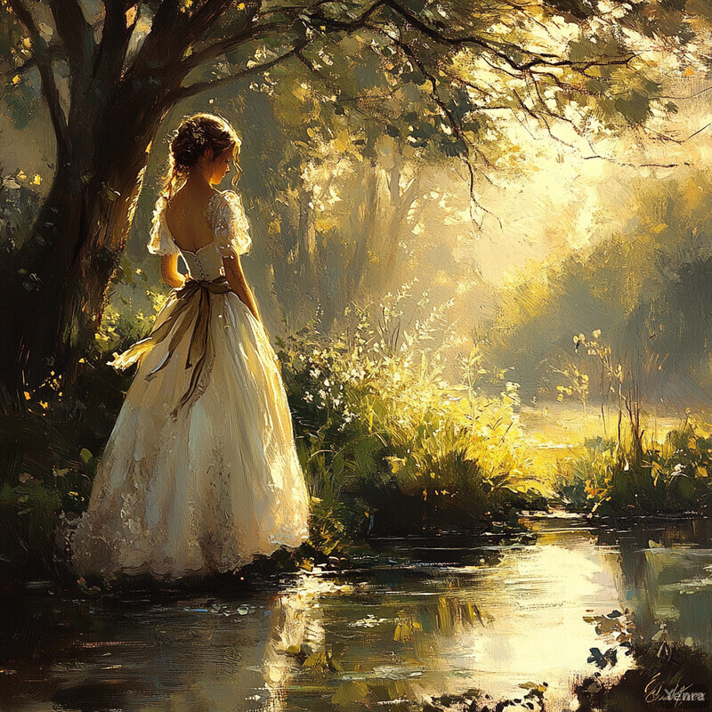 A woman in a white dress stands by a riverbank surrounded by greenery and flowers, evoking a peaceful atmosphere.