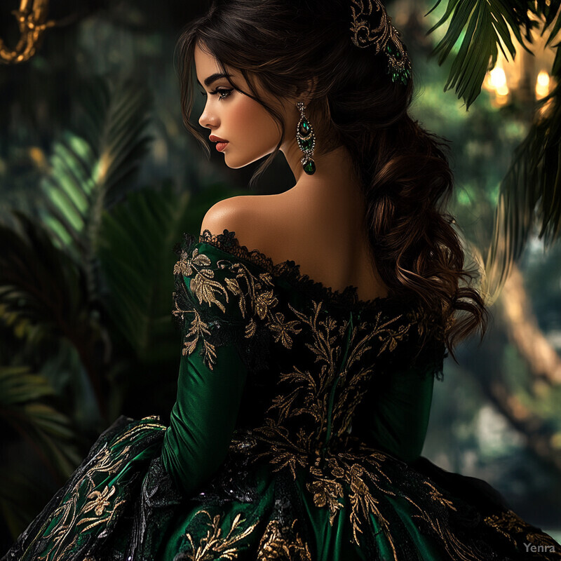 Elegant woman in emerald green dress poses amidst jungle foliage