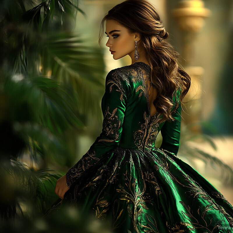 A woman with long brown hair and emerald green dress featuring gold embroidery, posing confidently while facing left.