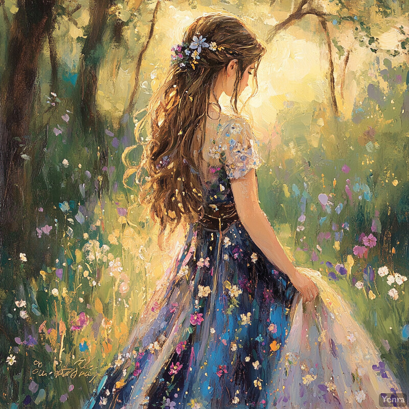 A serene and idyllic scene of a woman standing in a lush forest, surrounded by vibrant flowers and trees.