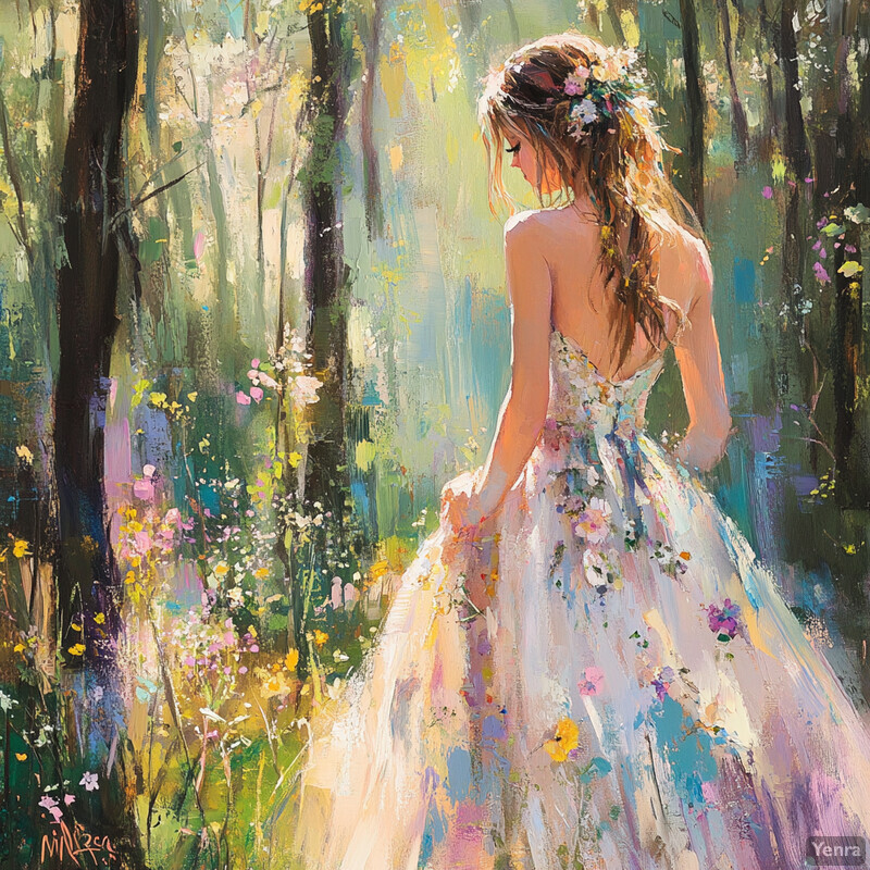 A serene and enchanting scene of a woman in a white dress surrounded by tall trees in a lush forest.