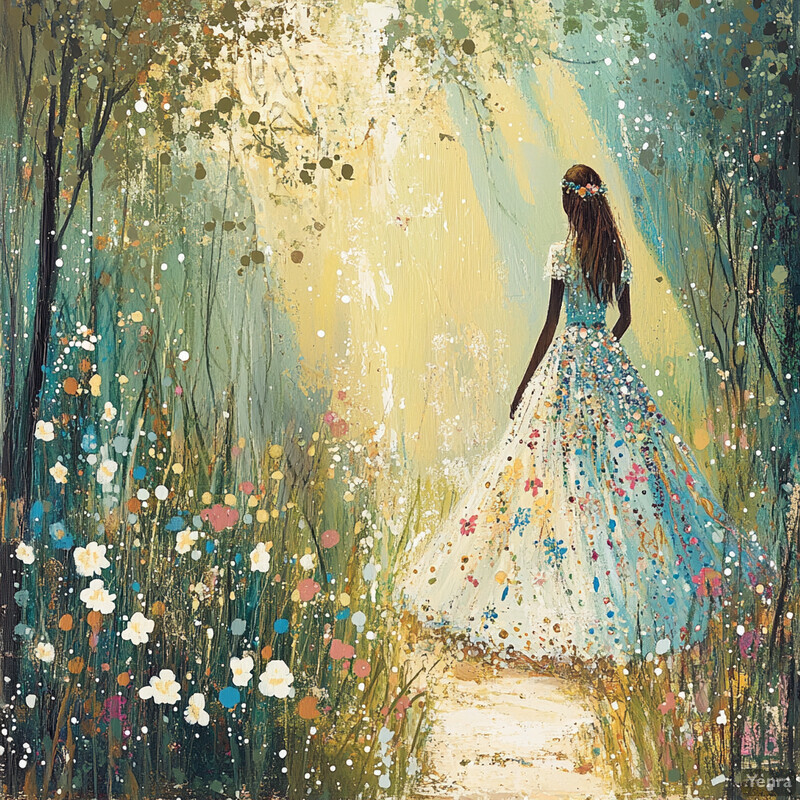 A serene and enchanting painting of a woman walking through a meadow filled with vibrant flowers.