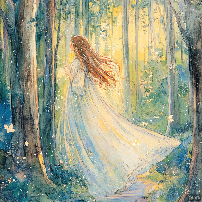 A serene and enchanting scene of a woman in a flowing white dress standing amidst tall trees in a forest.