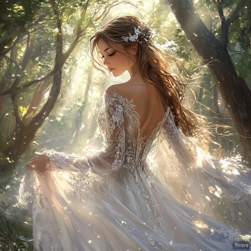 A serene and enchanting scene of a woman in a white wedding dress standing amidst trees