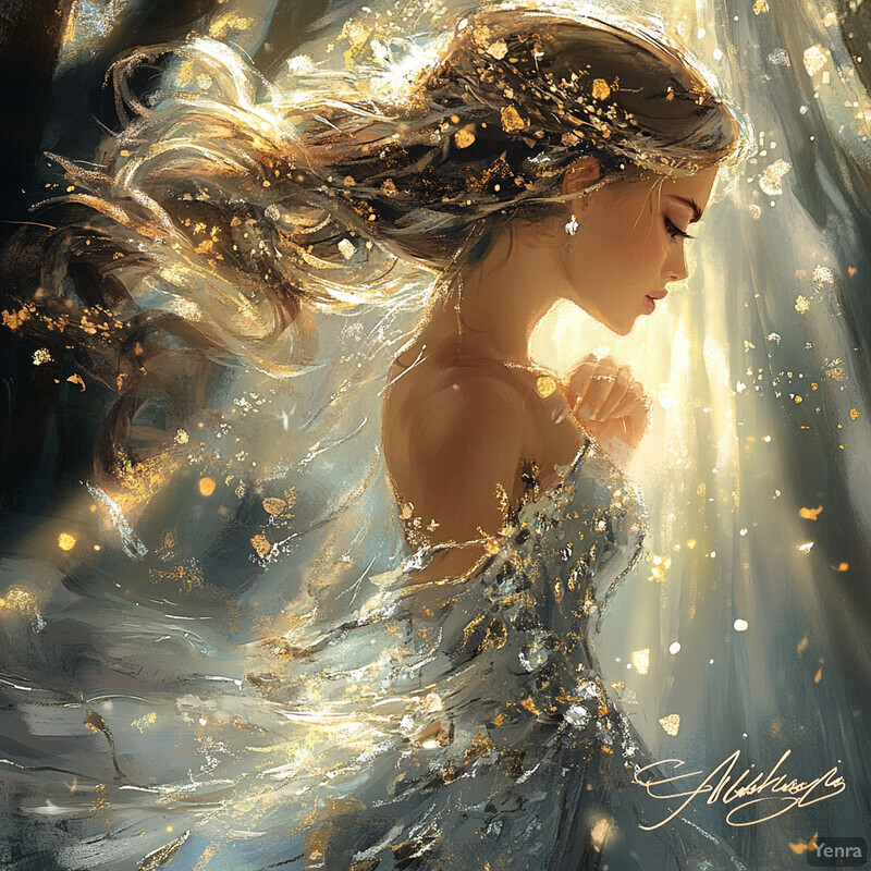 A serene and ethereal depiction of a woman with flowing hair and dress, surrounded by a soft glow.