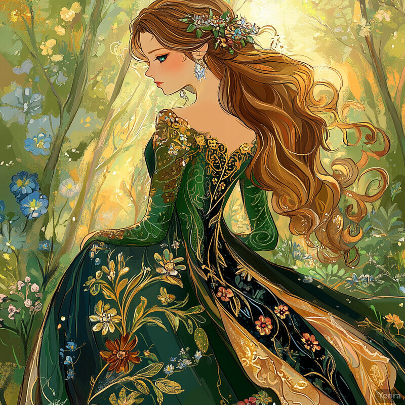 A serene portrait of a woman in a green dress, lost in thought amidst a blurred forest background.