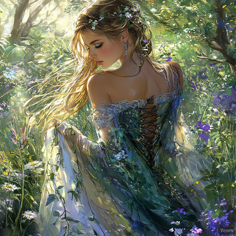 A woman stands amidst wildflowers in a forest setting, surrounded by lush foliage and sunlight filtering through the trees.