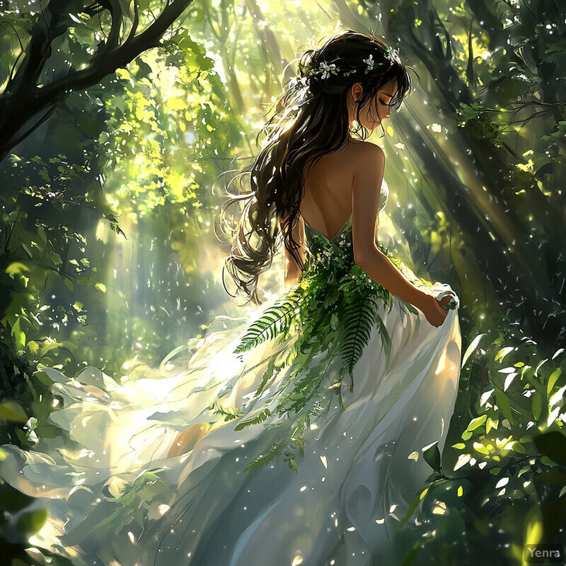 A serene and idyllic scene of a woman standing in a lush forest, surrounded by tall trees and vibrant greenery.