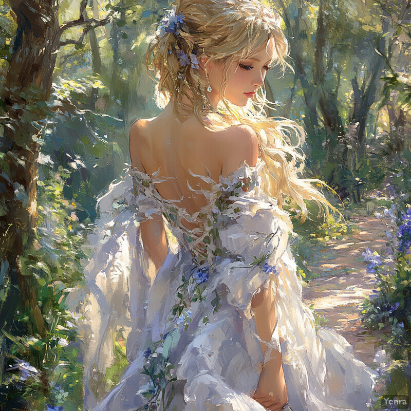 A woman stands in a forest, surrounded by trees and foliage, wearing a flowing white dress with intricate details.