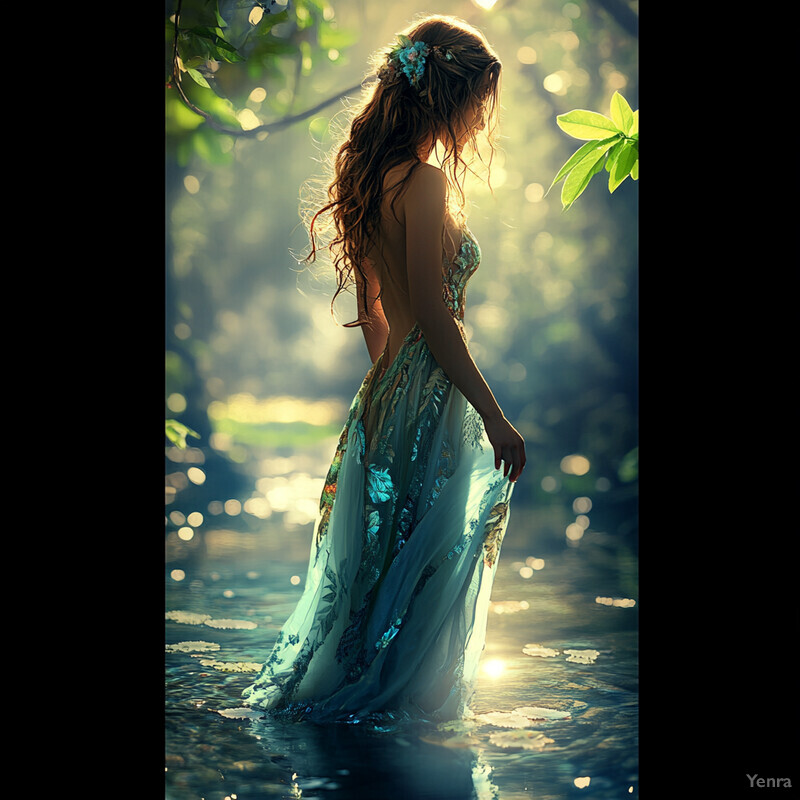 A woman stands in a forest oasis, surrounded by lush greenery and vibrant flowers, exuding elegance and sophistication.