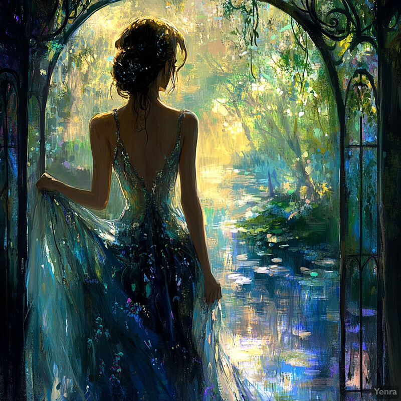 A serene and mystical scene with a woman standing in an arched doorway leading to a lush forest oasis