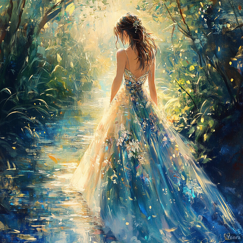 A serene and enchanting scene of a woman walking through a lush forest oasis