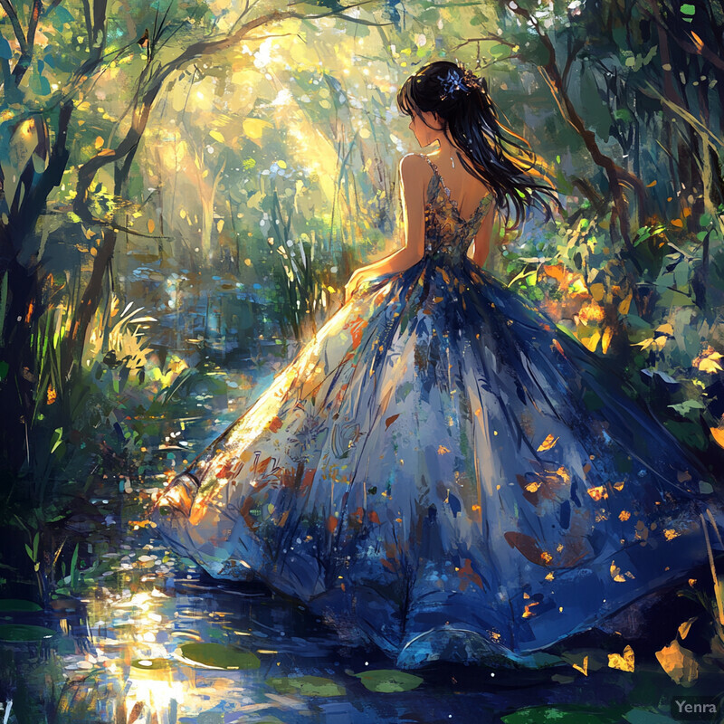 A serene illustration of a woman standing on a rock in a forest oasis.