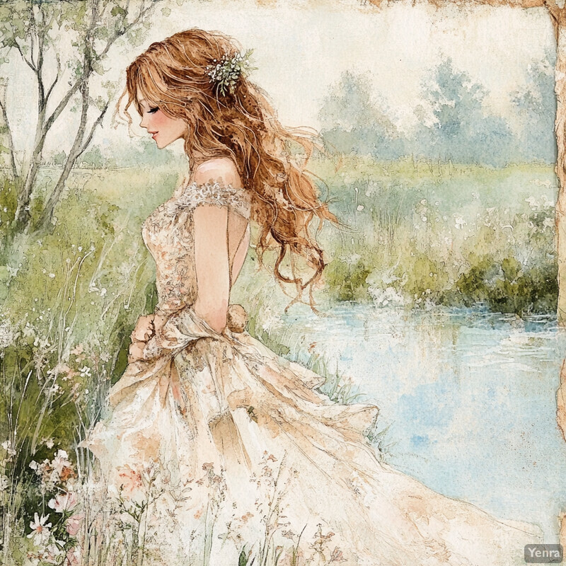 A serene and idyllic scene of a woman in a white dress standing by a tranquil body of water