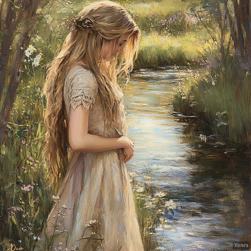 A young girl stands by a riverbank, lost in thought, surrounded by lush greenery and towering trees. The artist captures her introspective posture and the soft play of light on her face and dress, creating an ethereal quality that draws us inwards towards the subject.