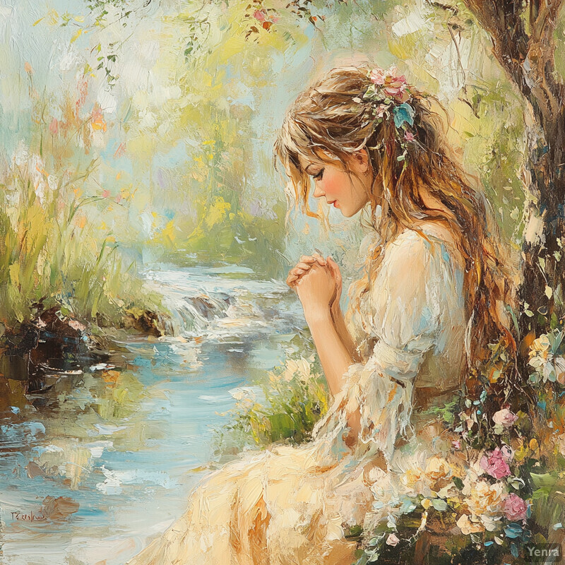 A serene and idyllic scene of a young woman by a riverbank, surrounded by lush greenery and vibrant flowers.