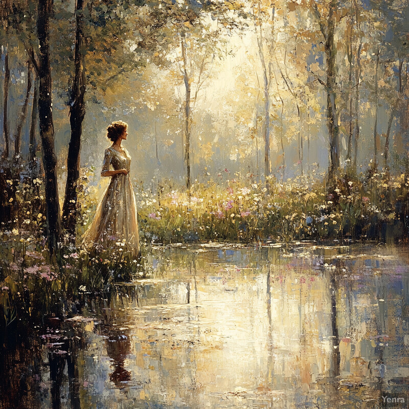 A serene forest scene with a woman standing in the center, surrounded by tall trees and lush greenery.