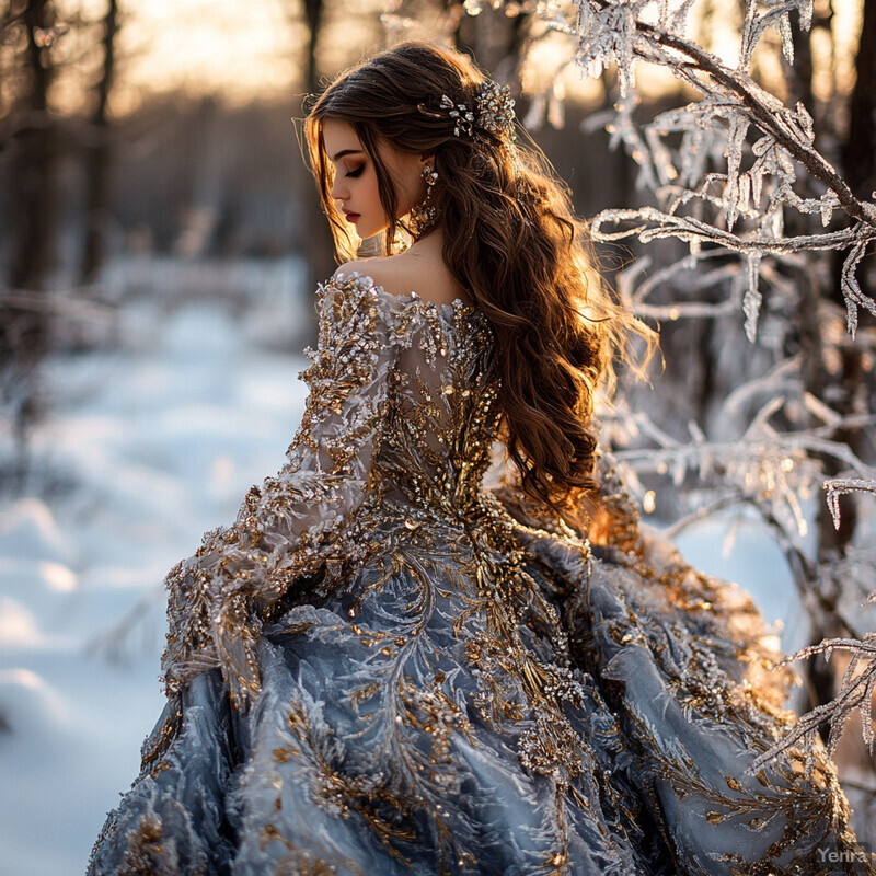 Woman with long brown hair in a winter wonderland