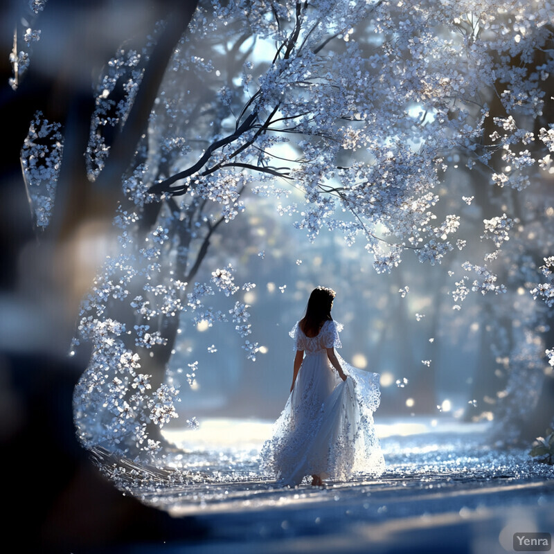 A woman in a white dress walks through a forest of blooming cherry blossom trees