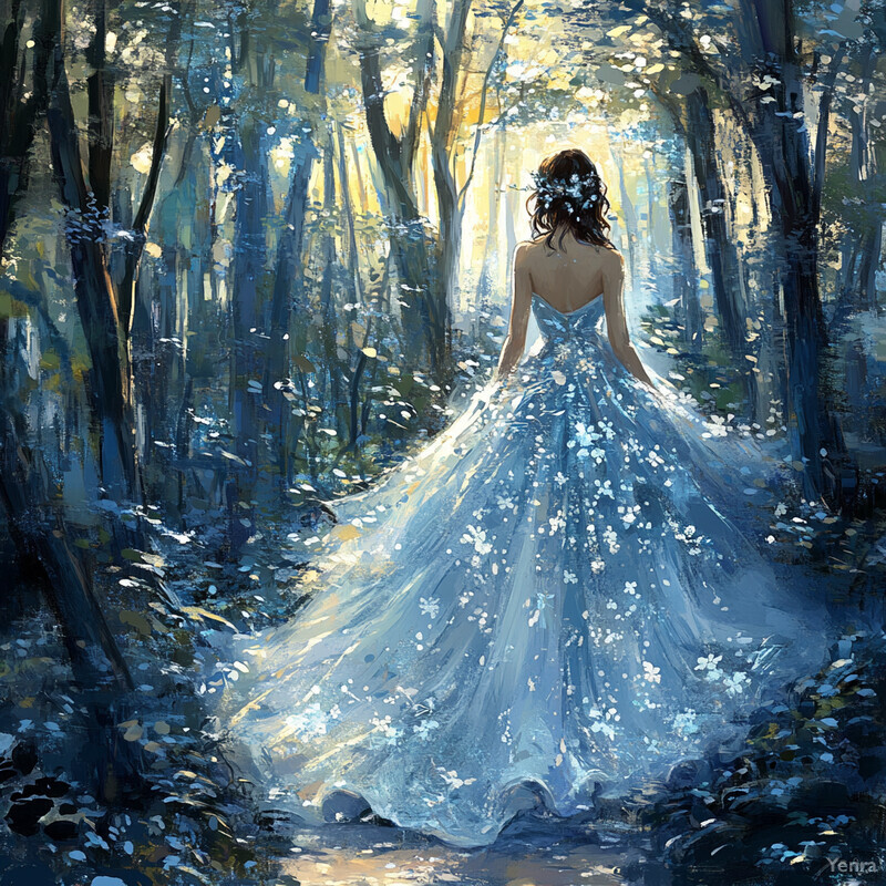 A woman in a flowing blue dress with white flowers stands in a forest surrounded by tall trees and lush greenery