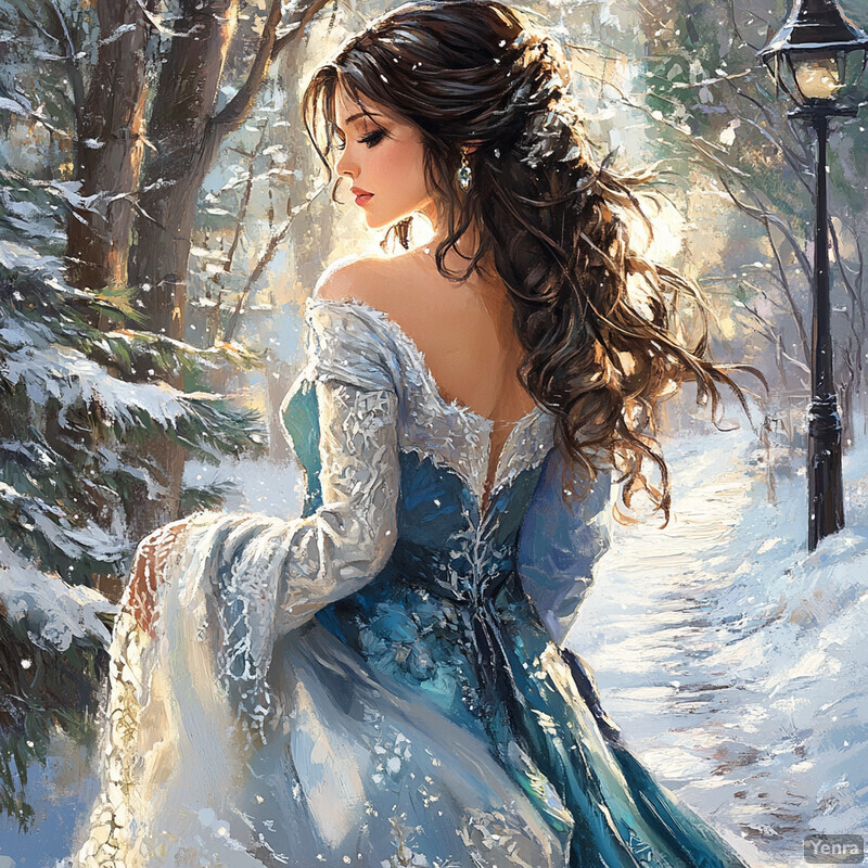 A woman dressed in a blue dress with white lace details gazes into the distance amidst a snowy landscape.