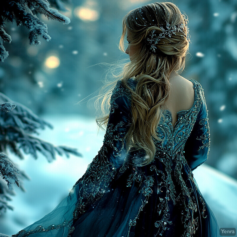 A woman with long blonde hair adorned with snowflakes, wearing a blue dress with intricate embroidery and sequins, standing in a snowy forest.