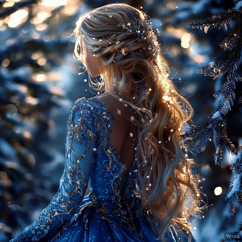 A woman in a blue dress stands amidst a snowy forest, surrounded by towering trees covered in snow and ice.