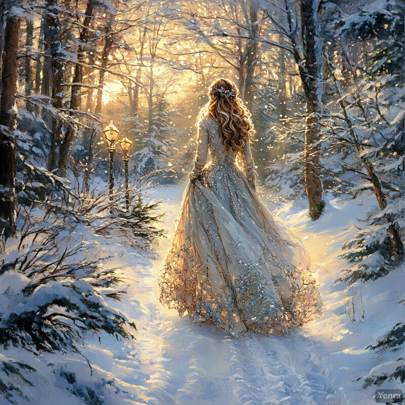 A woman walks through a snowy forest in a flowing white dress with gold accents