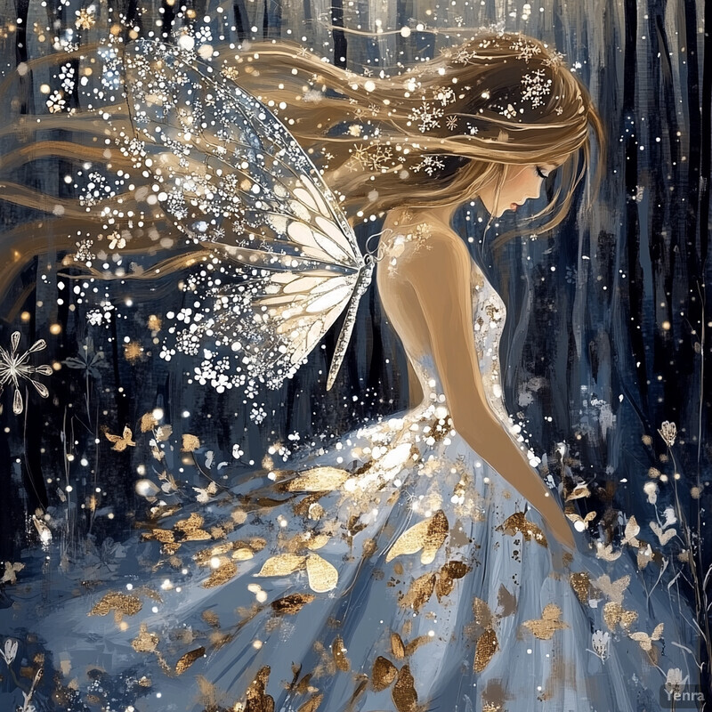 A whimsical painting of a fairy in a lush forest setting.