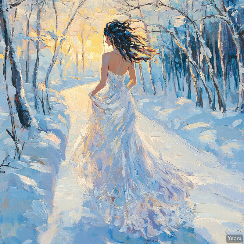 A woman in a white dress walks through a winter forest, surrounded by snow-covered trees and a bright yellow sky.