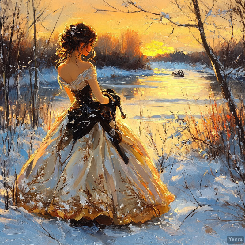 A woman in a white gown stands by a frozen lake at sunset.