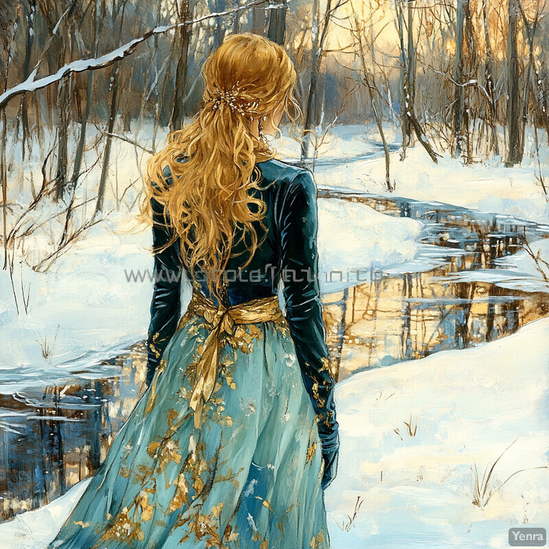 A serene winter scene with a woman standing by an icy river, lost in contemplation.