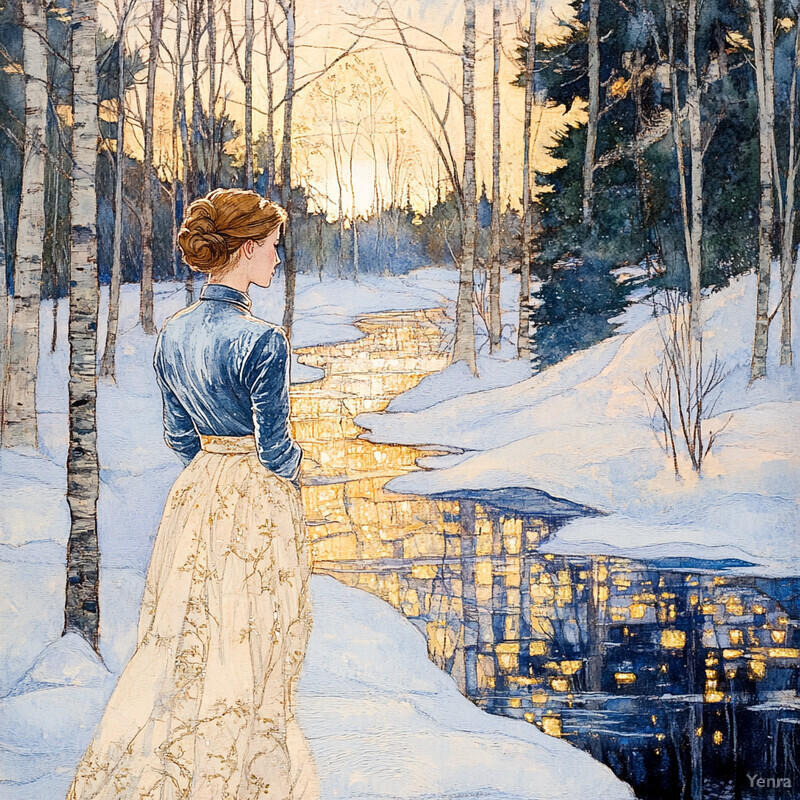 A woman stands in front of a frozen lake or pond, surrounded by snow-covered trees and hills.