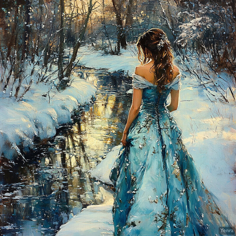 A woman stands by a snow-covered stream in a peaceful winter landscape.