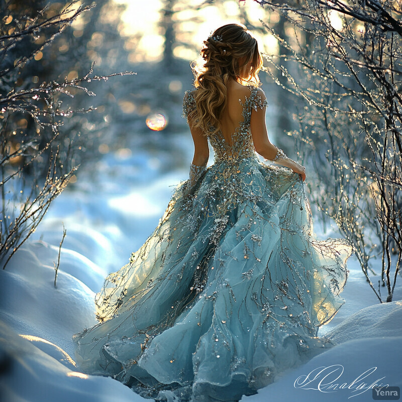 A woman in a blue gown with silver embellishments walks through a snow-covered forest, surrounded by bare trees and bushes.