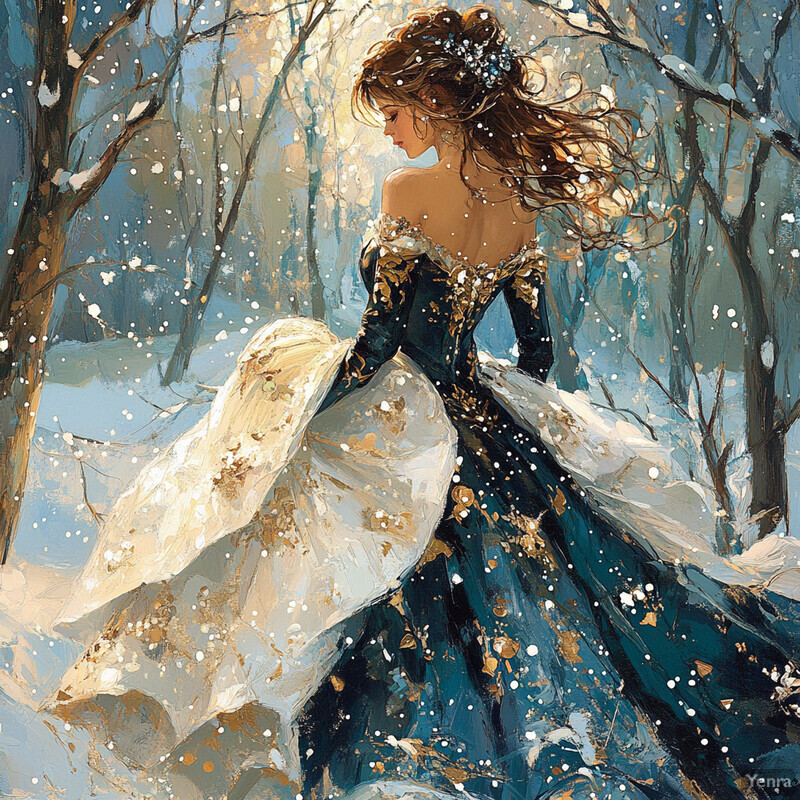 A woman in a dark blue dress with gold accents stands among bare trees under a light blue sky with snowflakes.