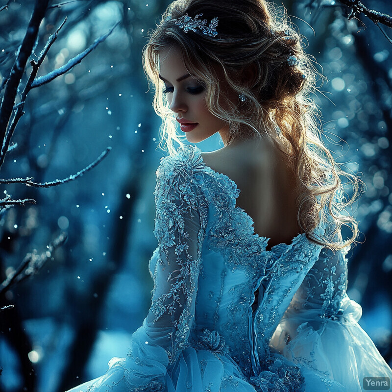 A woman in a blue gown stands amidst a natural setting, exuding serenity.