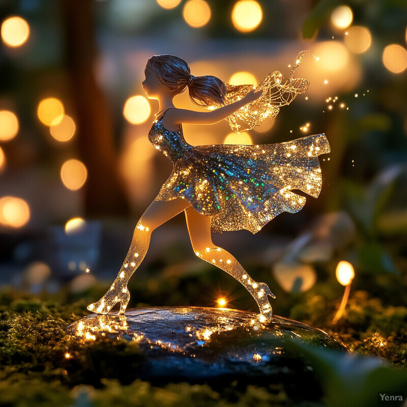 A figurine of a fairy or sprite, crafted from clear resin and adorned with intricate details, is positioned on a moss-covered rock surrounded by lush greenery and illuminated by soft, golden lighting.