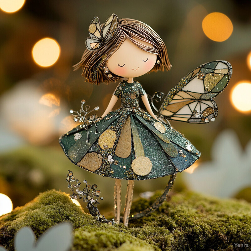 A whimsical illustration of a forest sprite with delicate wings and a flowing dress, set against a serene background.