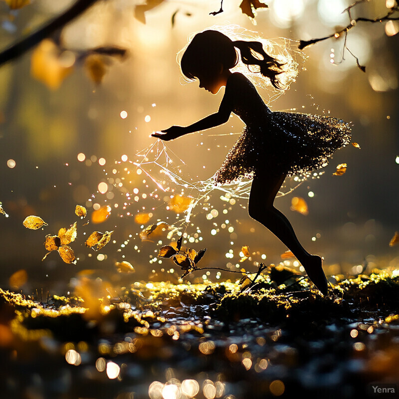 Whimsical forest sprite dancing amidst autumn leaves and sparkling lights