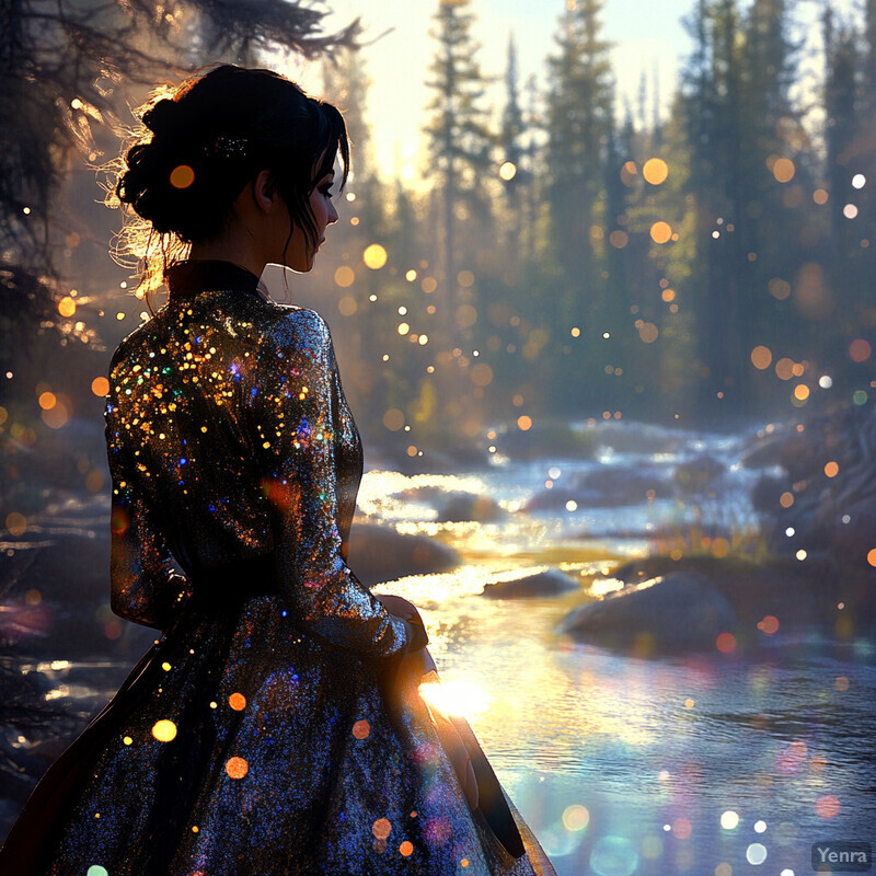 A woman stands by a river in a forest setting, wearing a shimmering dress and gazing towards the water.