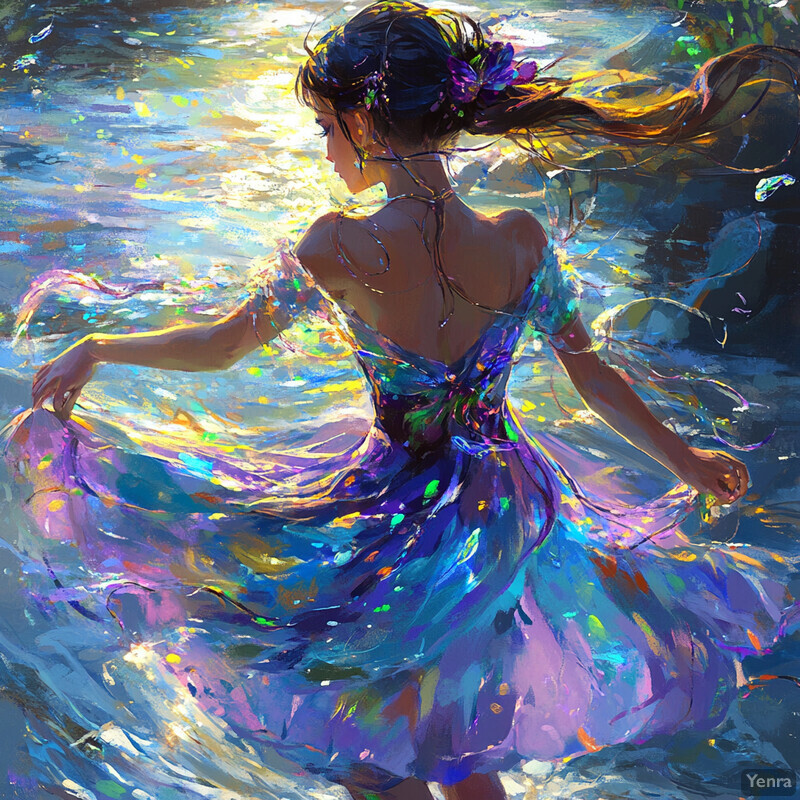 A woman dances in a river or stream, wearing a colorful dress that reflects off the water.