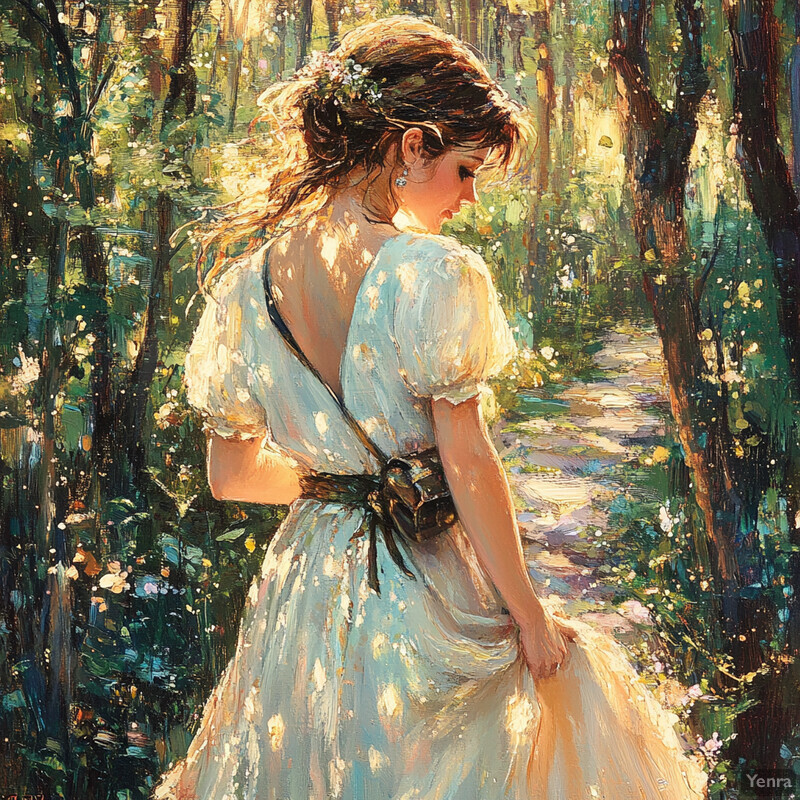 A serene and beautiful painting of a young woman in a white dress standing in front of a forest.