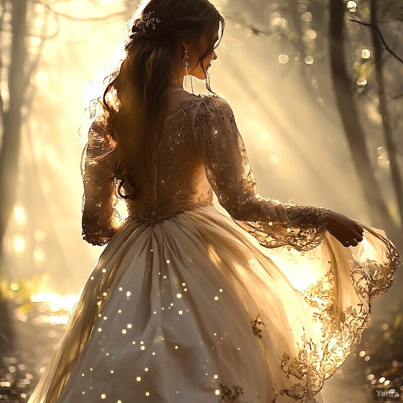 A serene forest setting featuring a woman in a flowing white dress.