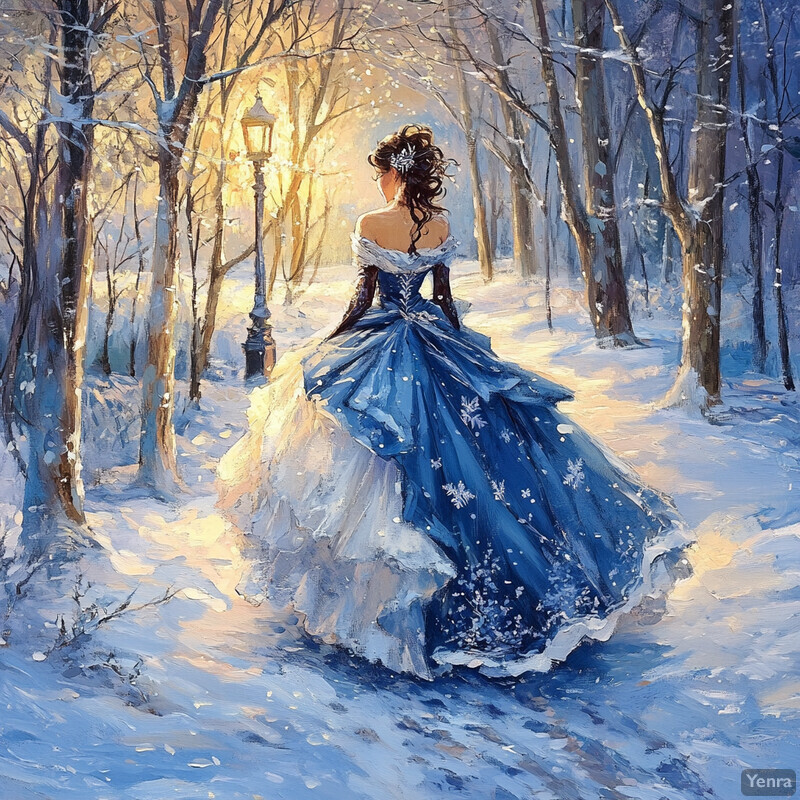 A woman in a blue dress walks through a snow-covered forest, surrounded by bare trees and two black lampposts.