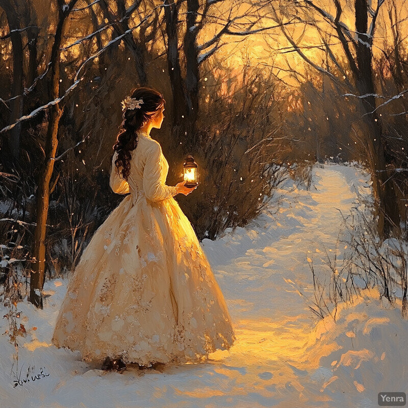 A serene winter scene featuring a woman dressed in an elegant Victorian-era dress walking through the woods towards a fire pit/bonfire with people gathered around it.