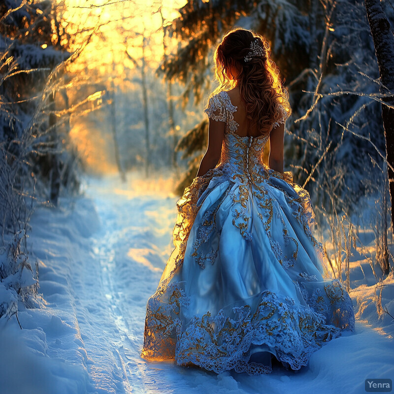 A woman walks down a snow-covered path in a stunning blue ball gown.