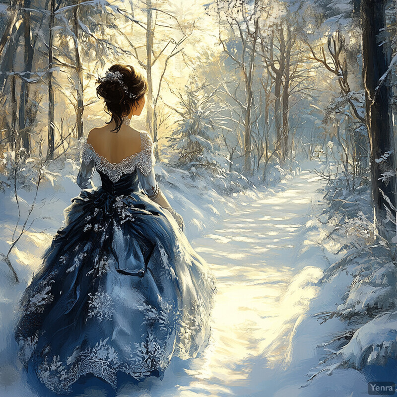 A woman in a blue dress walks through a snowy forest, her back to the viewer.