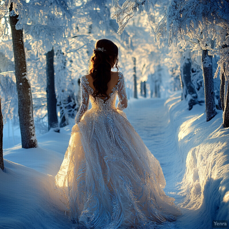 A woman in a stunning wedding dress walks down a snow-covered path in a forest.