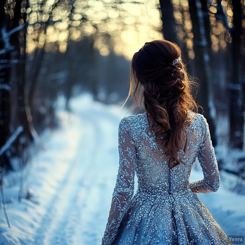 A woman in a silver dress stands on a snowy path in the woods, exuding serenity and contemplation.